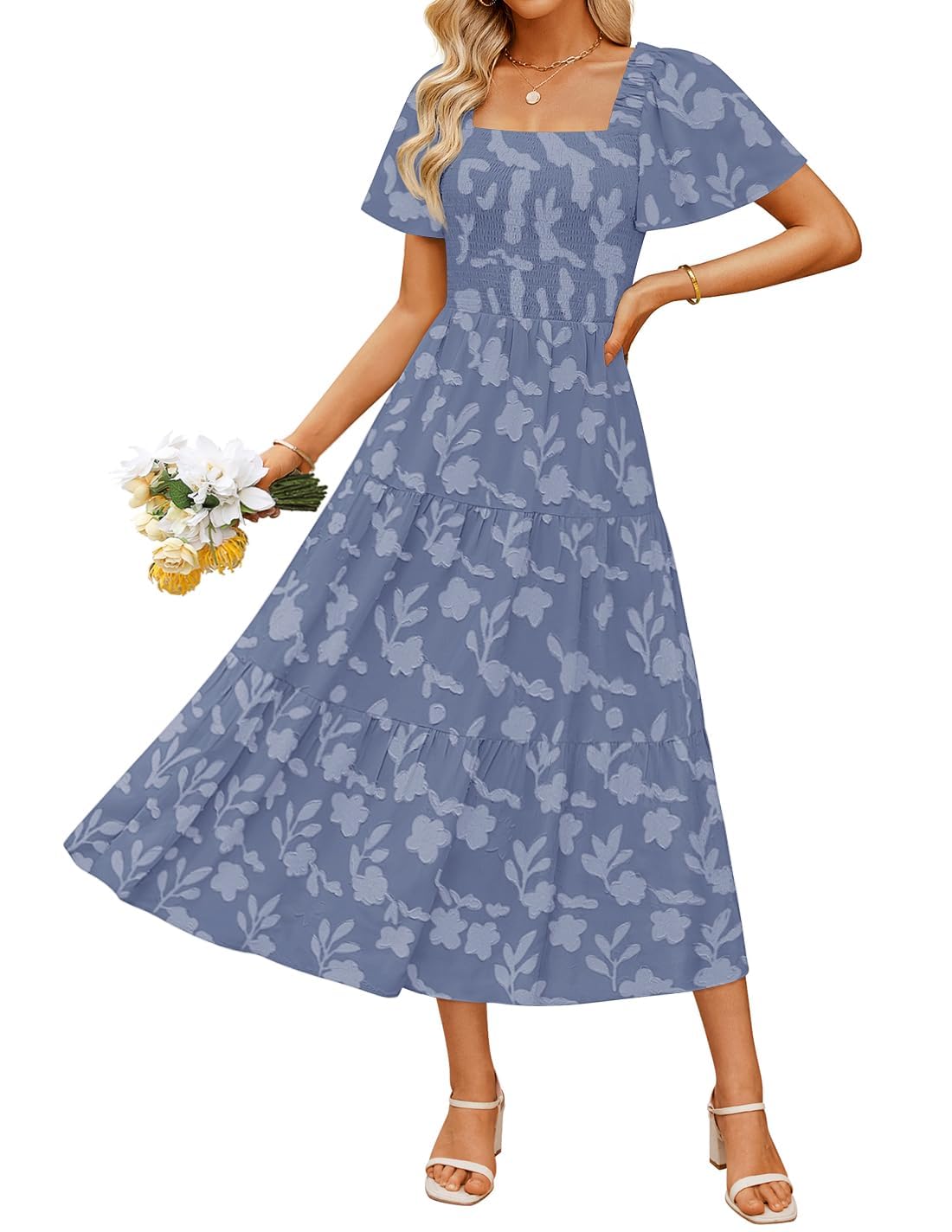 Women's Boho Floral Square Neck Midi Dress