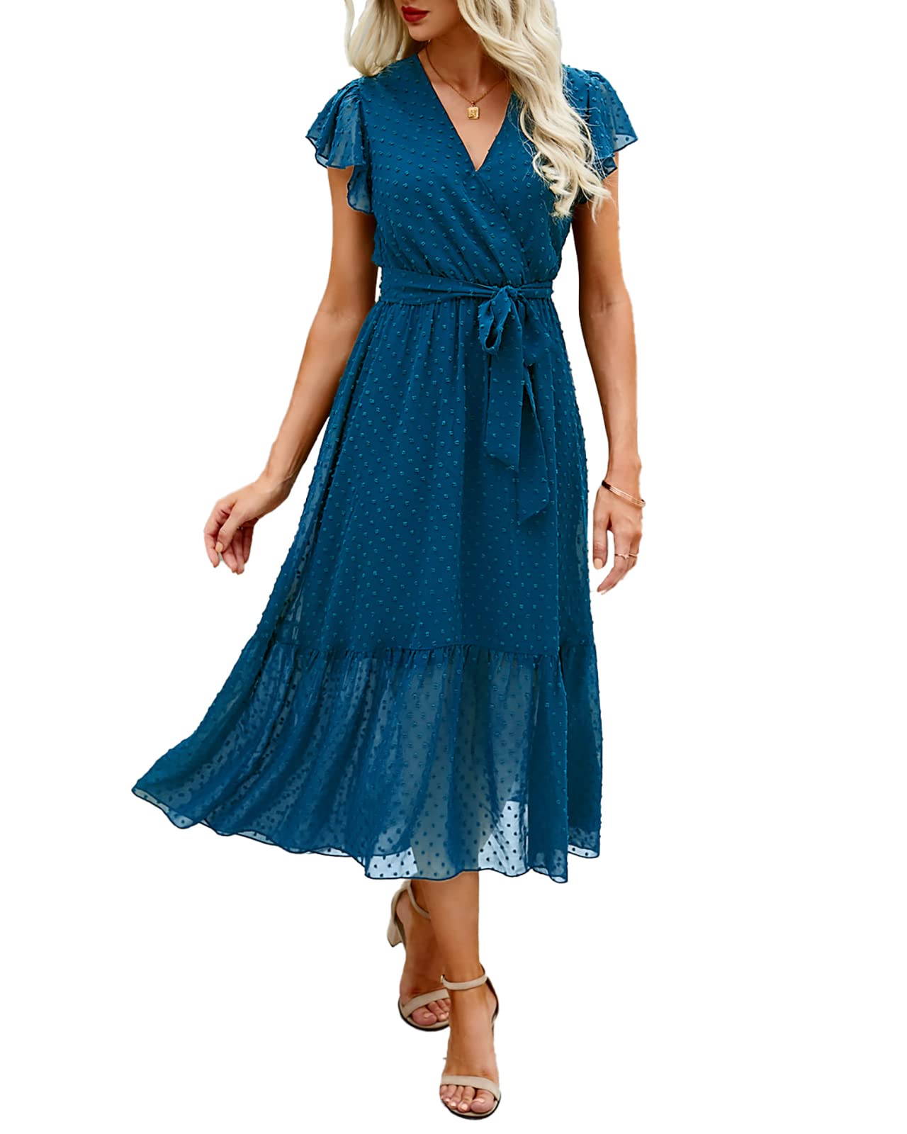 Women's Bohemian Floral Wrap V-Neck A-Line Midi Dress