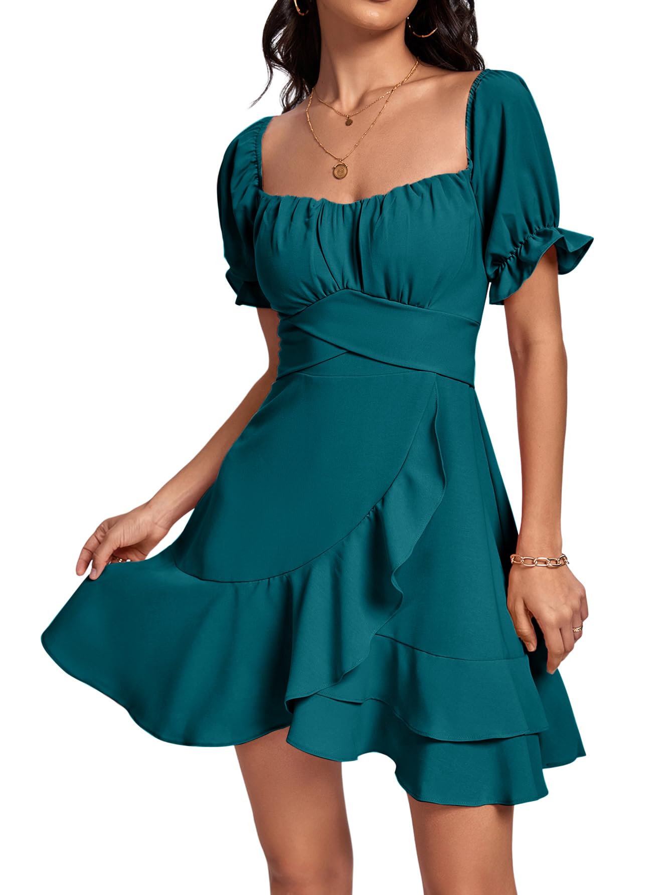 Square Neck Off-Shoulder Ruffle A-Line Mini Dress