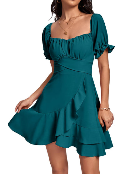 Square Neck Off-Shoulder Ruffle A-Line Mini Dress
