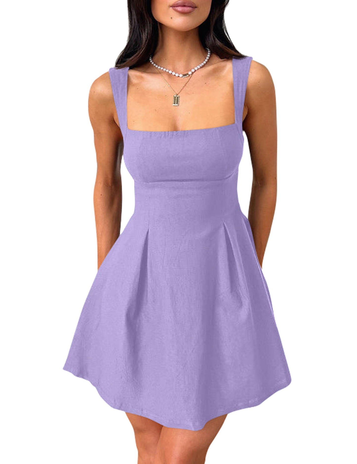 Women's Square Neck A-Line Mini Dress with Bow Tie Straps