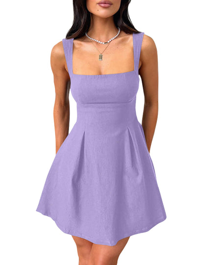 Women's Square Neck A-Line Mini Dress with Bow Tie Straps