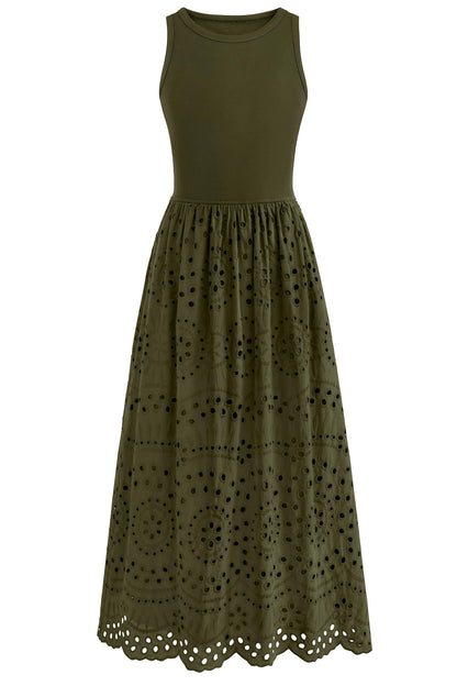 Sleeveless Crewneck Lace Eyelet Cotton Maxi Dress with Pockets