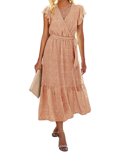 Women's Bohemian Floral Wrap V-Neck A-Line Midi Dress