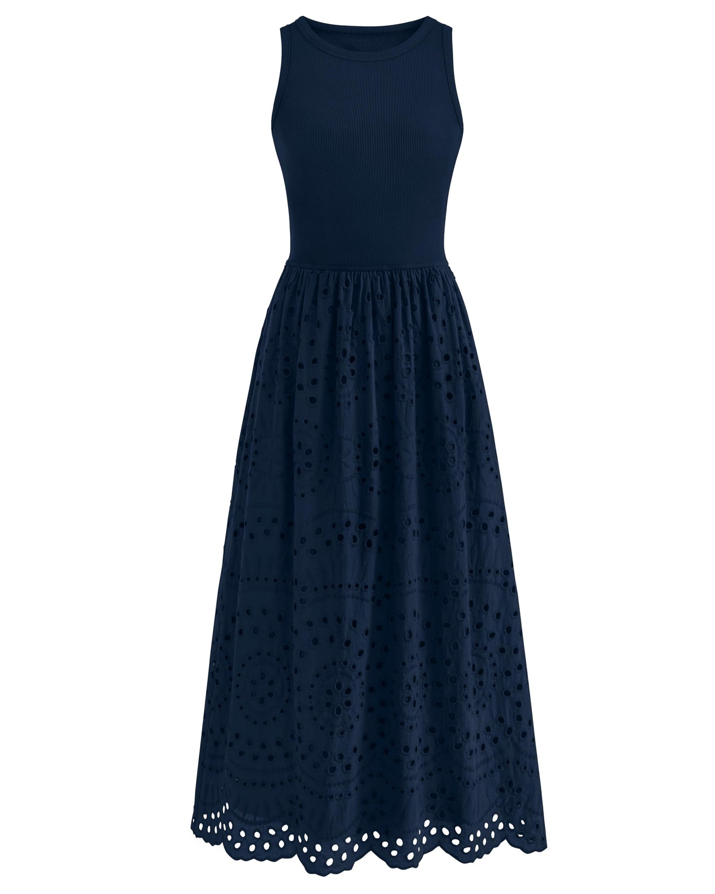 Sleeveless Crewneck Lace Eyelet Cotton Maxi Dress with Pockets