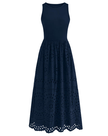 Sleeveless Crewneck Lace Eyelet Cotton Maxi Dress with Pockets