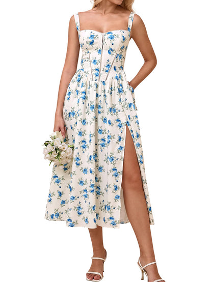Women's Floral Corset Midi Dress with Slit and Pockets