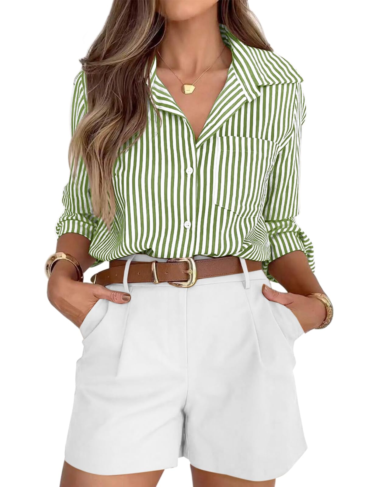 Striped Button-Down Long Sleeve Collared Work Shirt