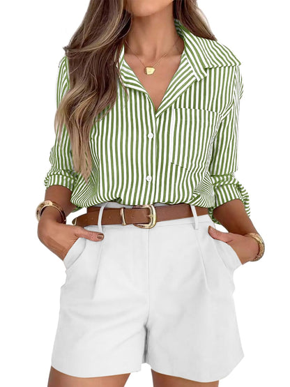 Striped Button-Down Long Sleeve Collared Work Shirt