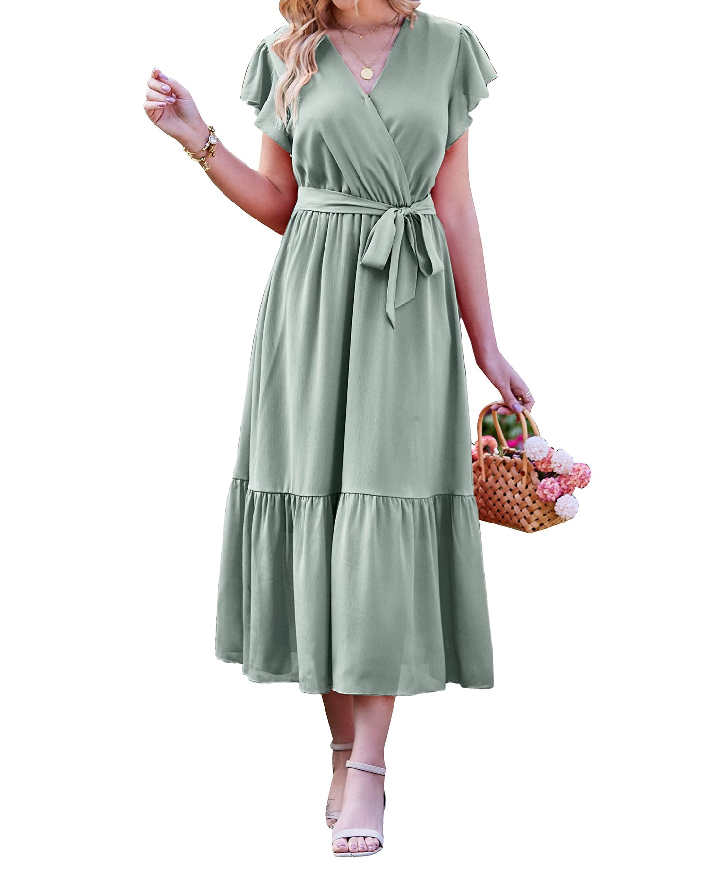 Women's Bohemian Floral Wrap V-Neck A-Line Midi Dress