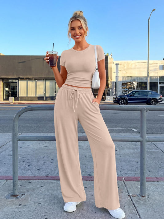 Ruched Top Wide Leg Pants Matching Lounge Set with Pockets