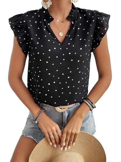 Striped Ruffle Cap Sleeve V-Neck Casual Work Blouse