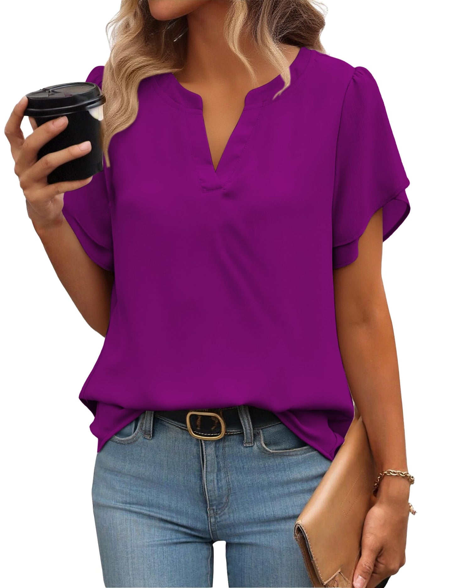 Short Sleeve V-Neck Chiffon Business Casual Blouse