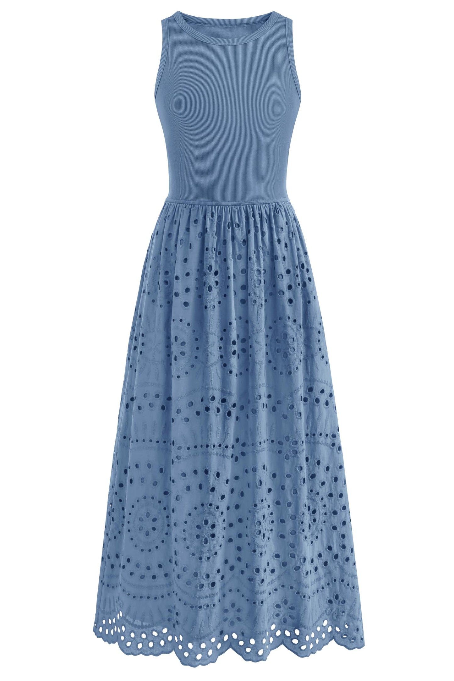 Sleeveless Crewneck Lace Eyelet Cotton Maxi Dress with Pockets
