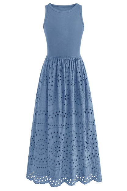 Sleeveless Crewneck Lace Eyelet Cotton Maxi Dress with Pockets