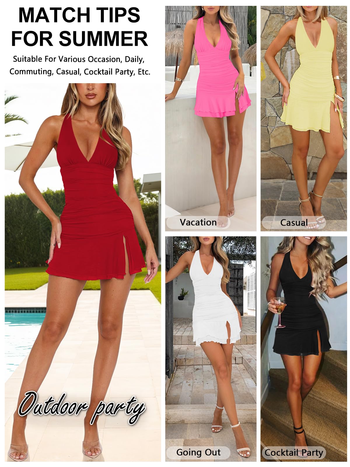 Women's Halter Deep V Ruched Bodycon Mini Dress with Slit