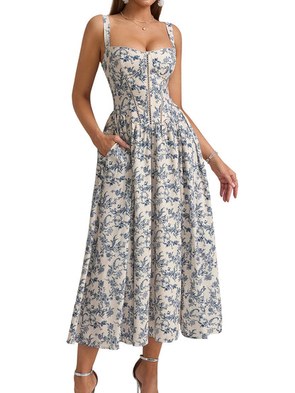 Women's Floral Corset Midi Dress with Slit and Pockets