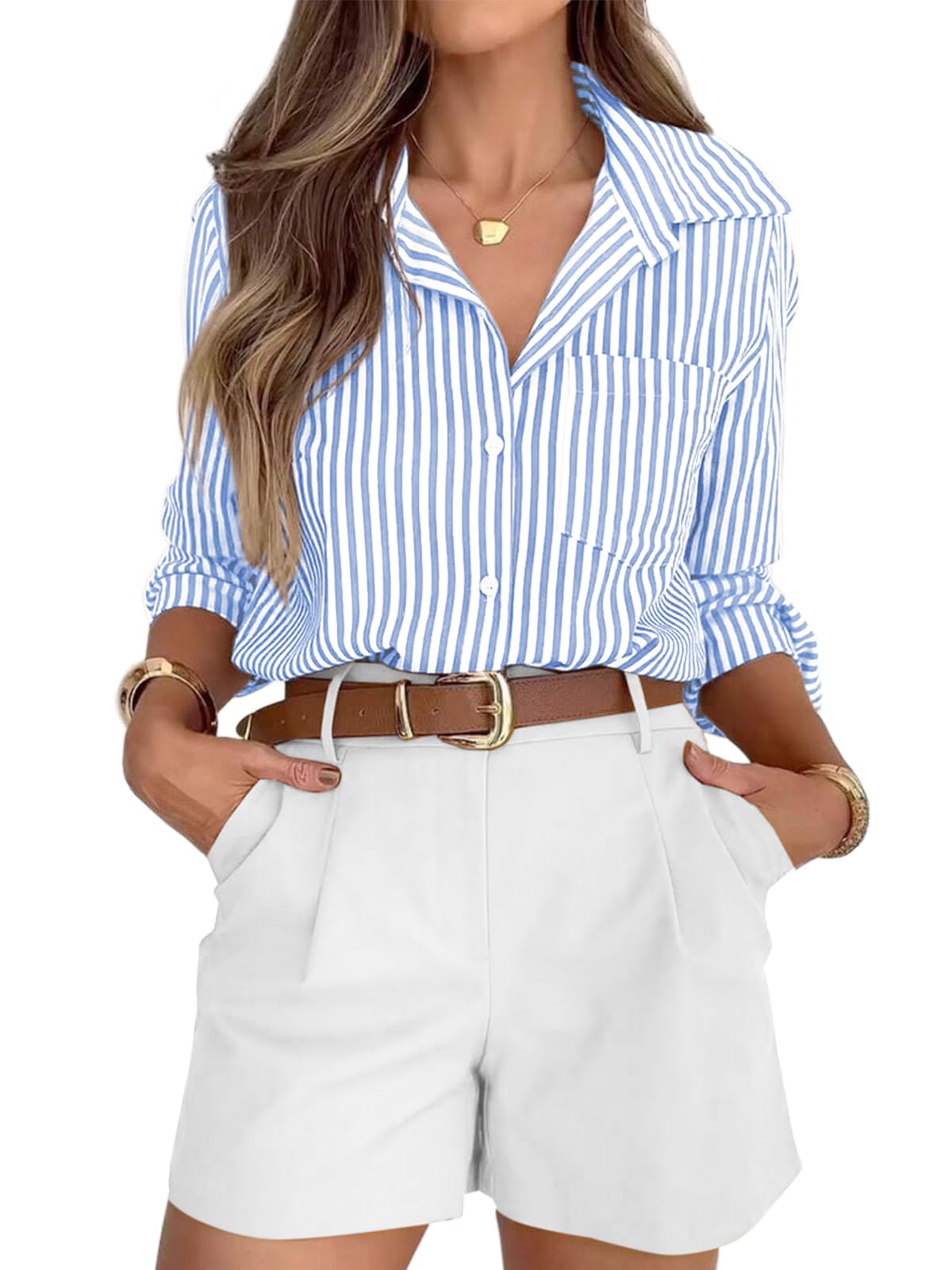 Striped Button-Down Long Sleeve Collared Work Shirt
