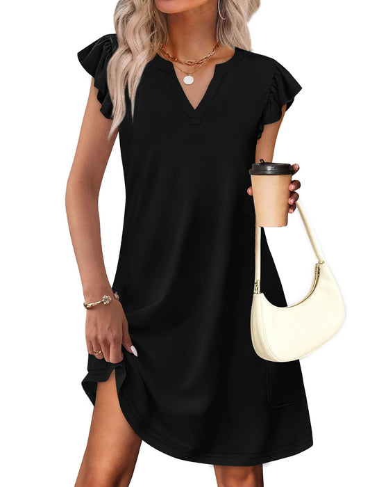 Ruffle Sleeve V-Neck Swing Sundress with Pockets