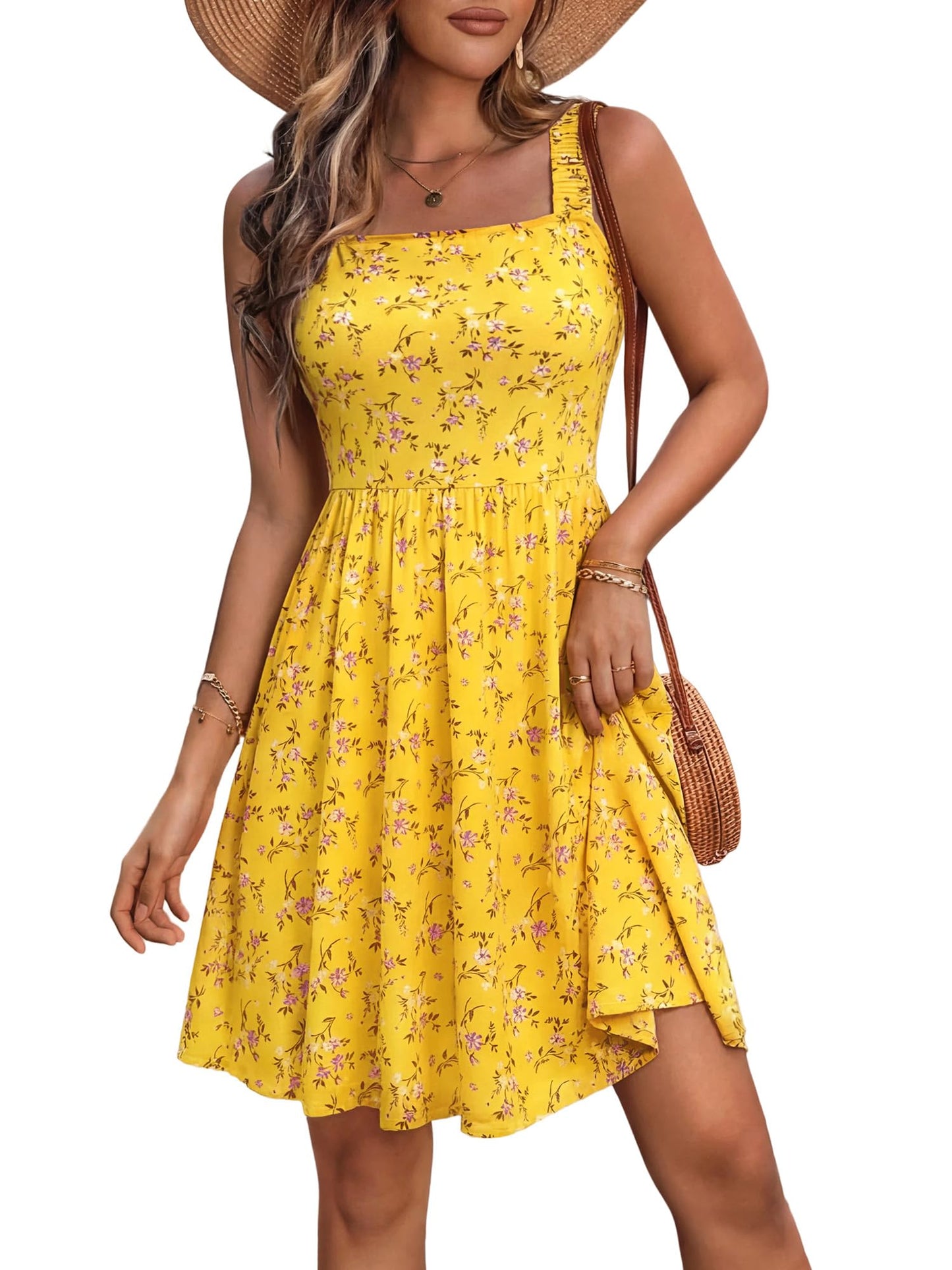 Square Neck Sleeveless A-Line Midi Sundress with Pockets