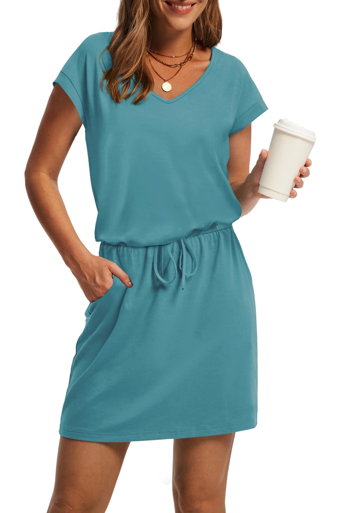 V-Neck Tie Waist Casual Mini Sundress with Pockets