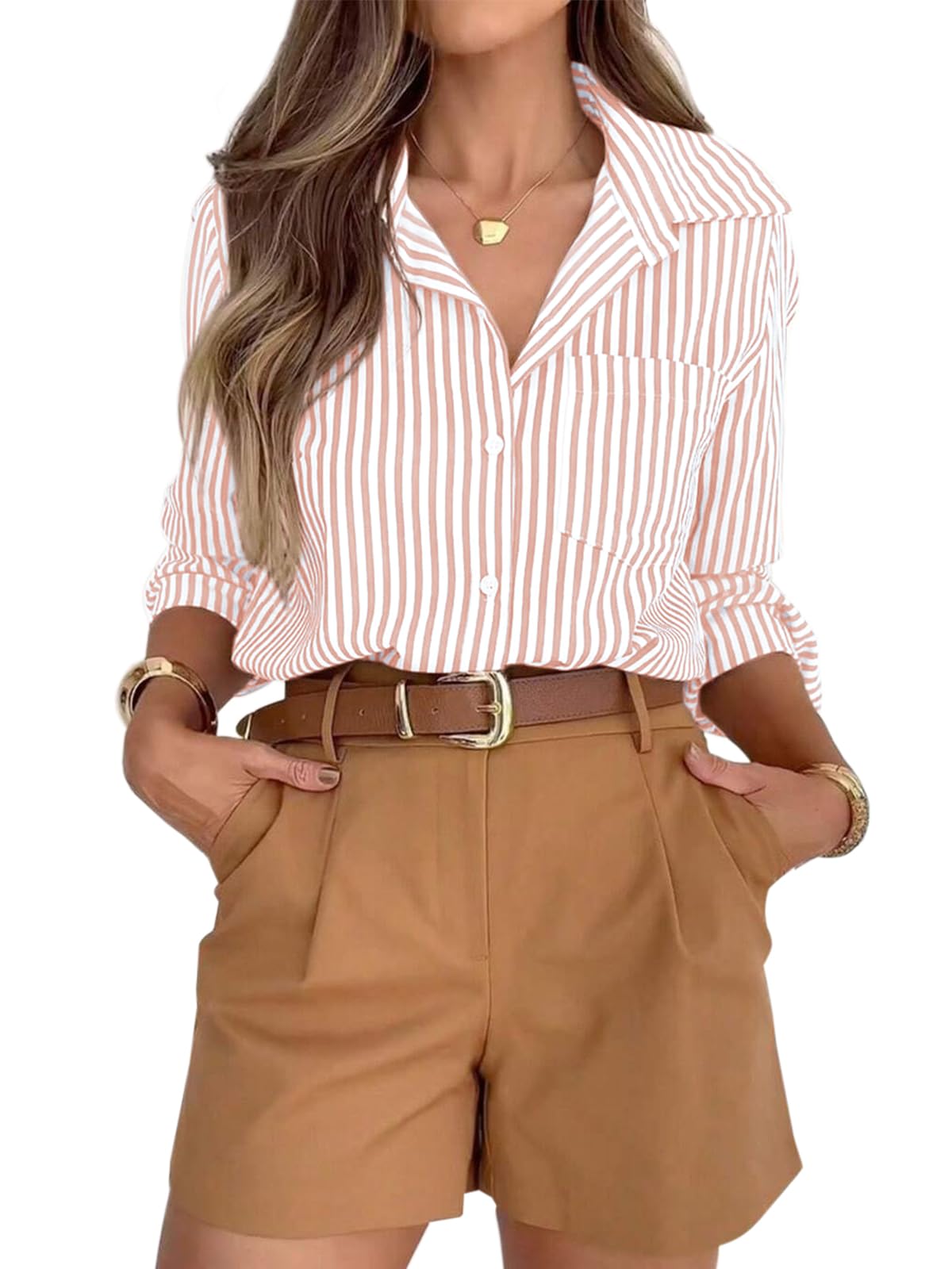 Striped Button-Down Long Sleeve Collared Work Shirt