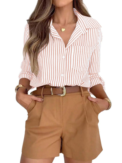Striped Button-Down Long Sleeve Collared Work Shirt
