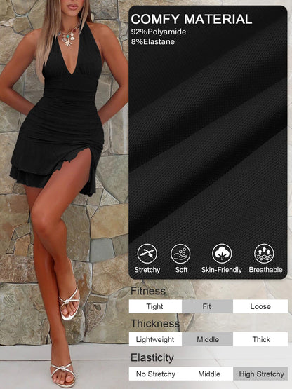 Women's Halter Deep V Ruched Bodycon Mini Dress with Slit