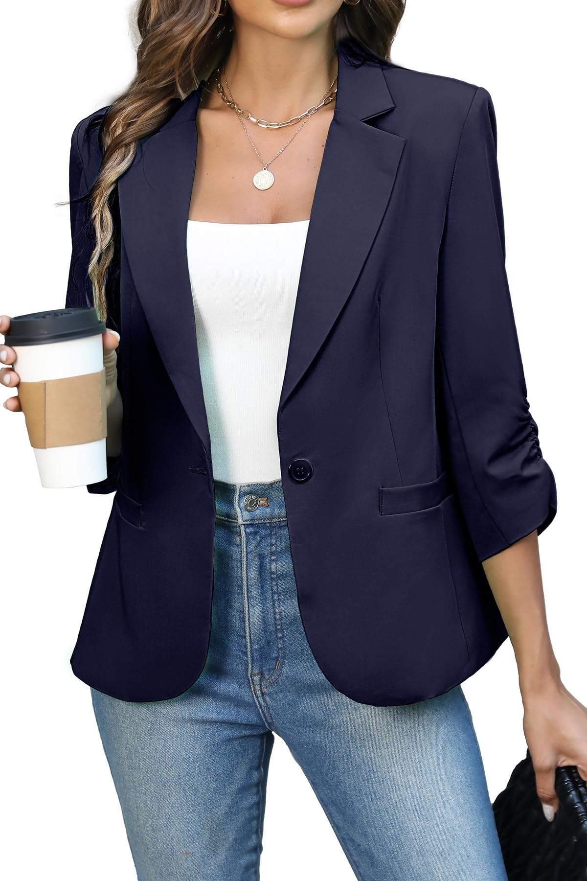 Women's Ruched 3/4 Sleeve Slim Fit Blazer Jacket