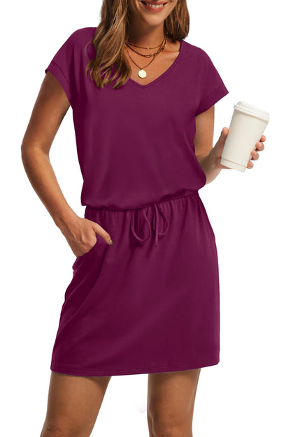 V-Neck Tie Waist Casual Mini Sundress with Pockets