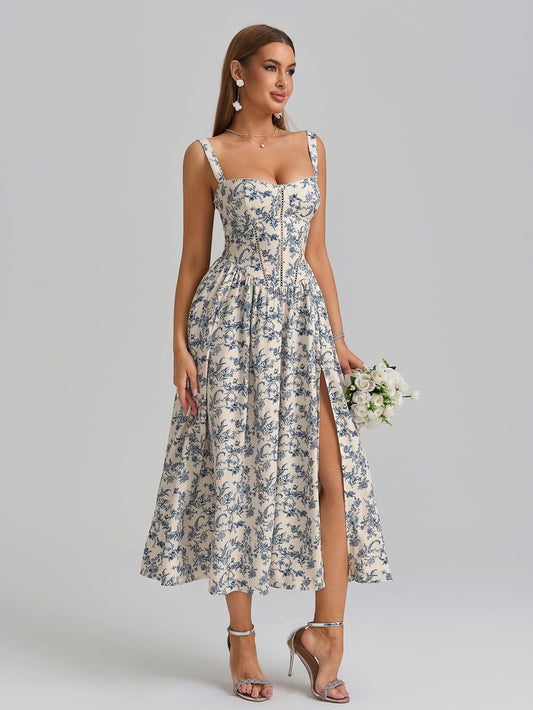 Women's Floral Corset Midi Dress with Slit and Pockets