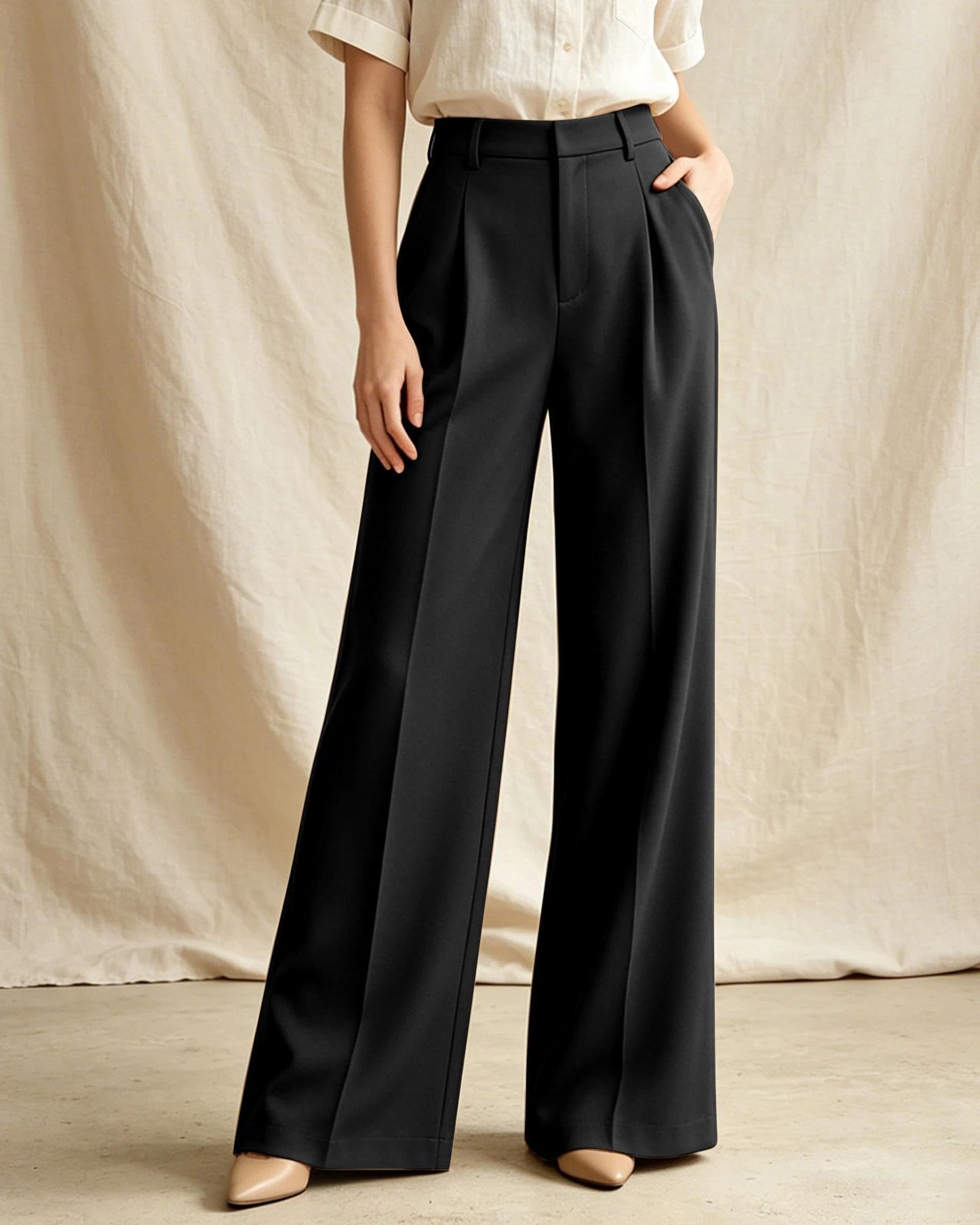 Women's High-Waisted Wide-Leg Work Trousers with Pockets