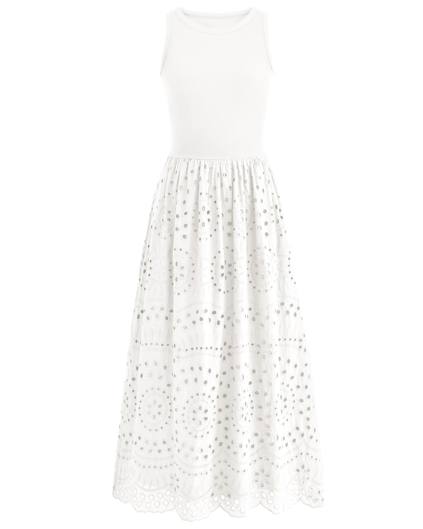 Sleeveless Crewneck Lace Eyelet Cotton Maxi Dress with Pockets