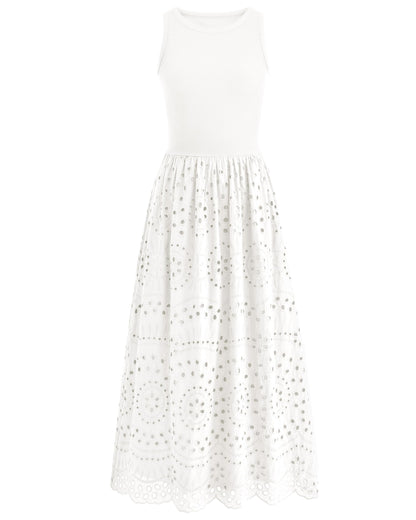 Sleeveless Crewneck Lace Eyelet Cotton Maxi Dress with Pockets