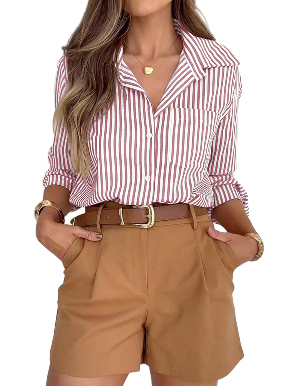 Striped Button-Down Long Sleeve Collared Work Shirt