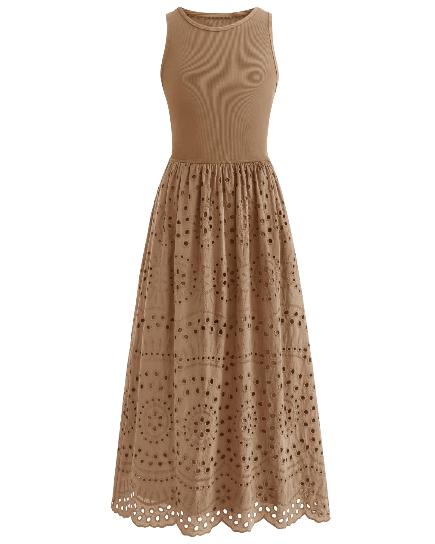 Sleeveless Crewneck Lace Eyelet Cotton Maxi Dress with Pockets