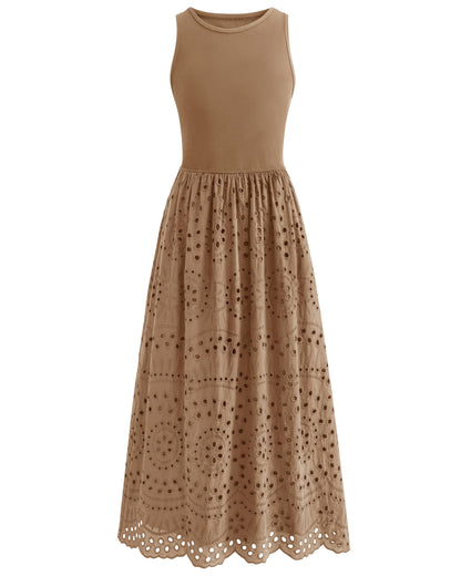 Sleeveless Crewneck Lace Eyelet Cotton Maxi Dress with Pockets