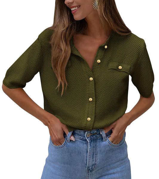 Short Sleeve Ribbed Knit Button-Down Casual Top