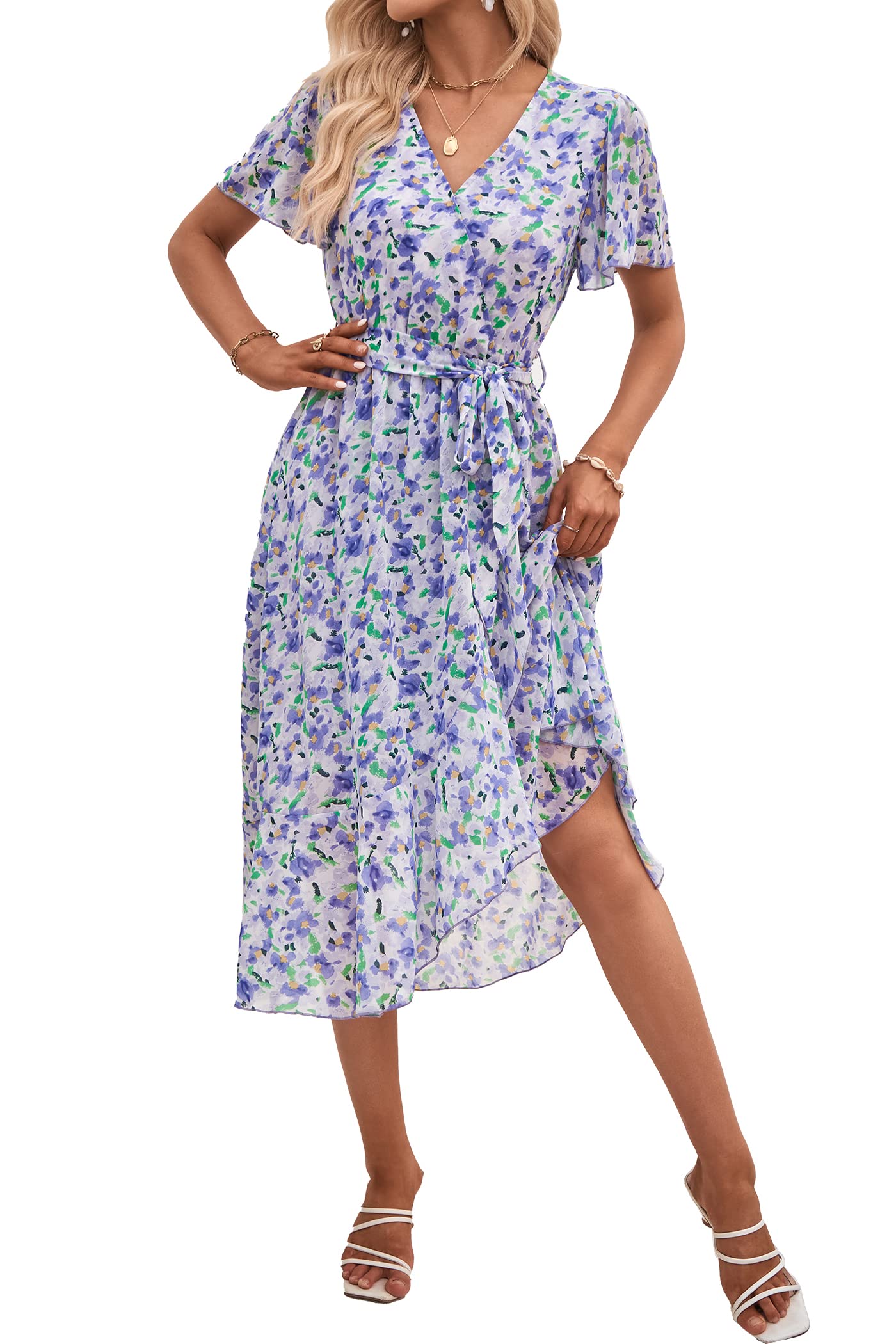 Women's Floral Wrap V-Neck Ruffle Boho Maxi Dress