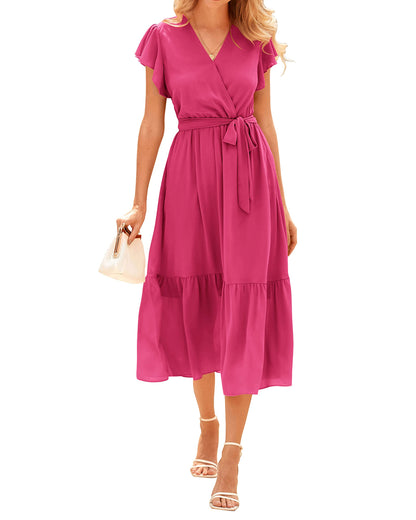 Women's Bohemian Floral Wrap V-Neck A-Line Midi Dress