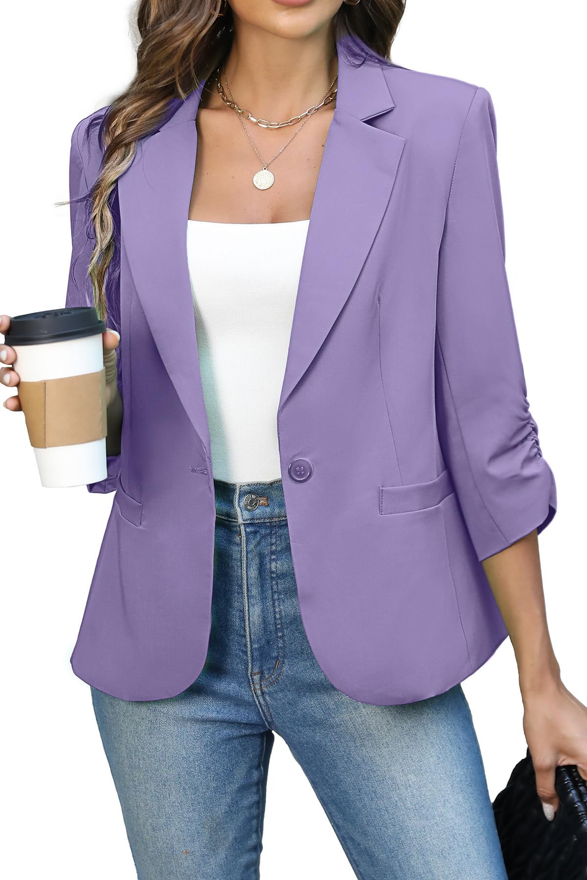 Women's Ruched 3/4 Sleeve Slim Fit Blazer Jacket
