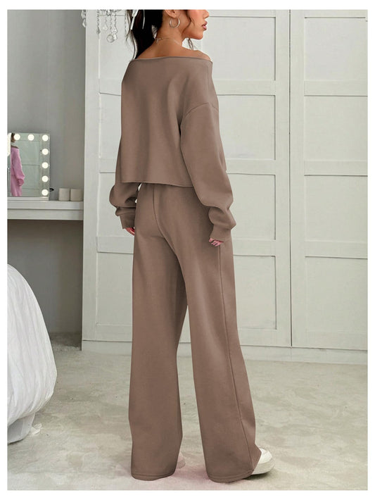 Off-Shoulder Crop Top Wide Leg Sweatpants Lounge Set