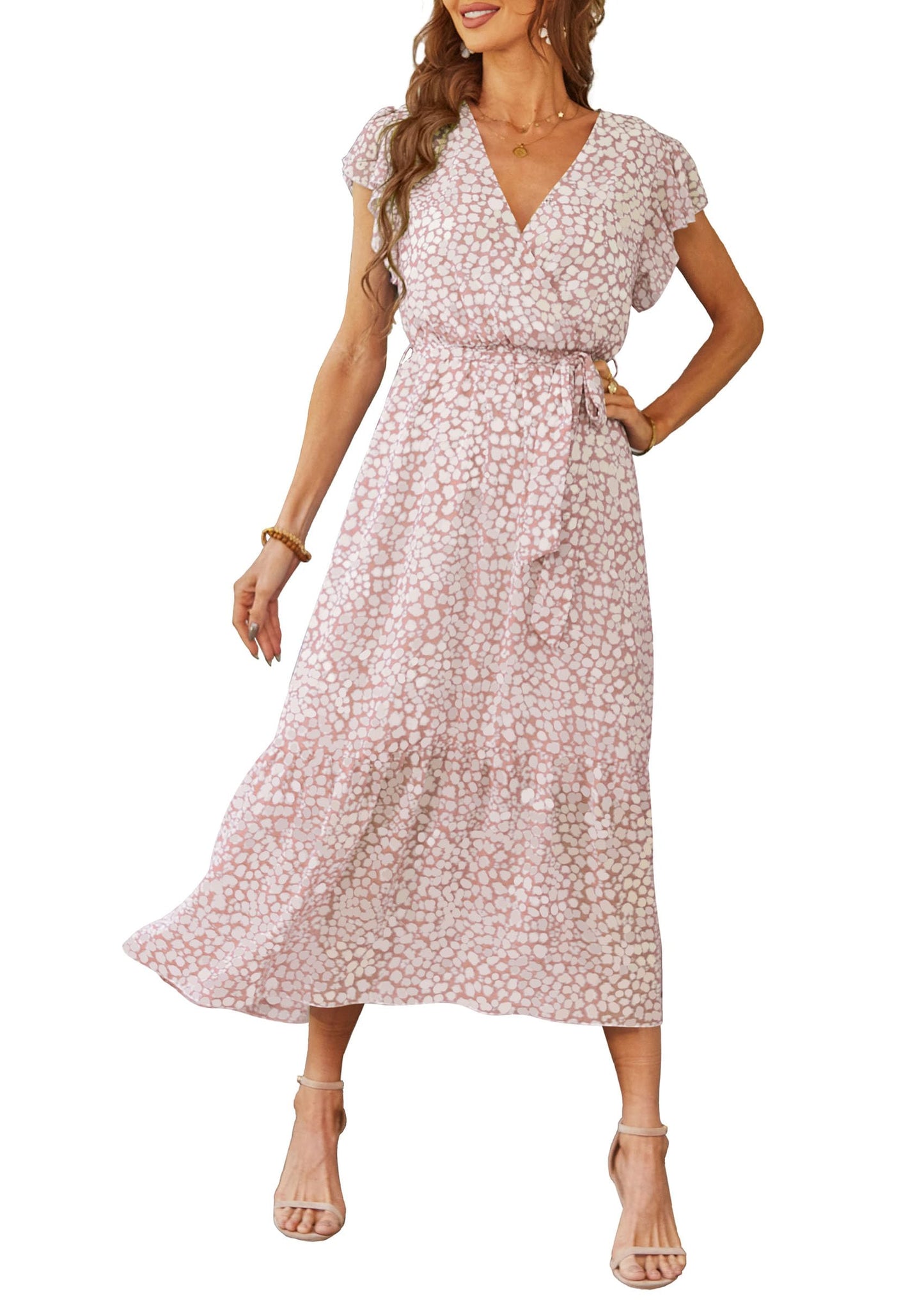 Women's Floral Wrap V-Neck Ruffle Boho Maxi Dress