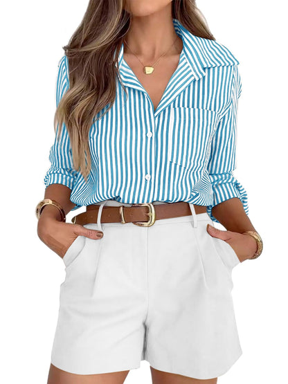 Striped Button-Down Long Sleeve Collared Work Shirt