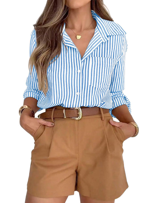 Striped Button-Down Long Sleeve Collared Work Shirt