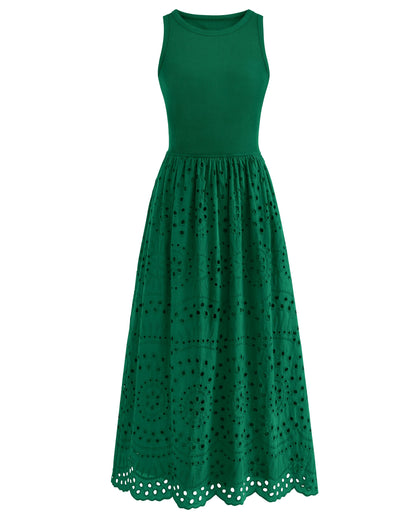 Sleeveless Crewneck Lace Eyelet Cotton Maxi Dress with Pockets