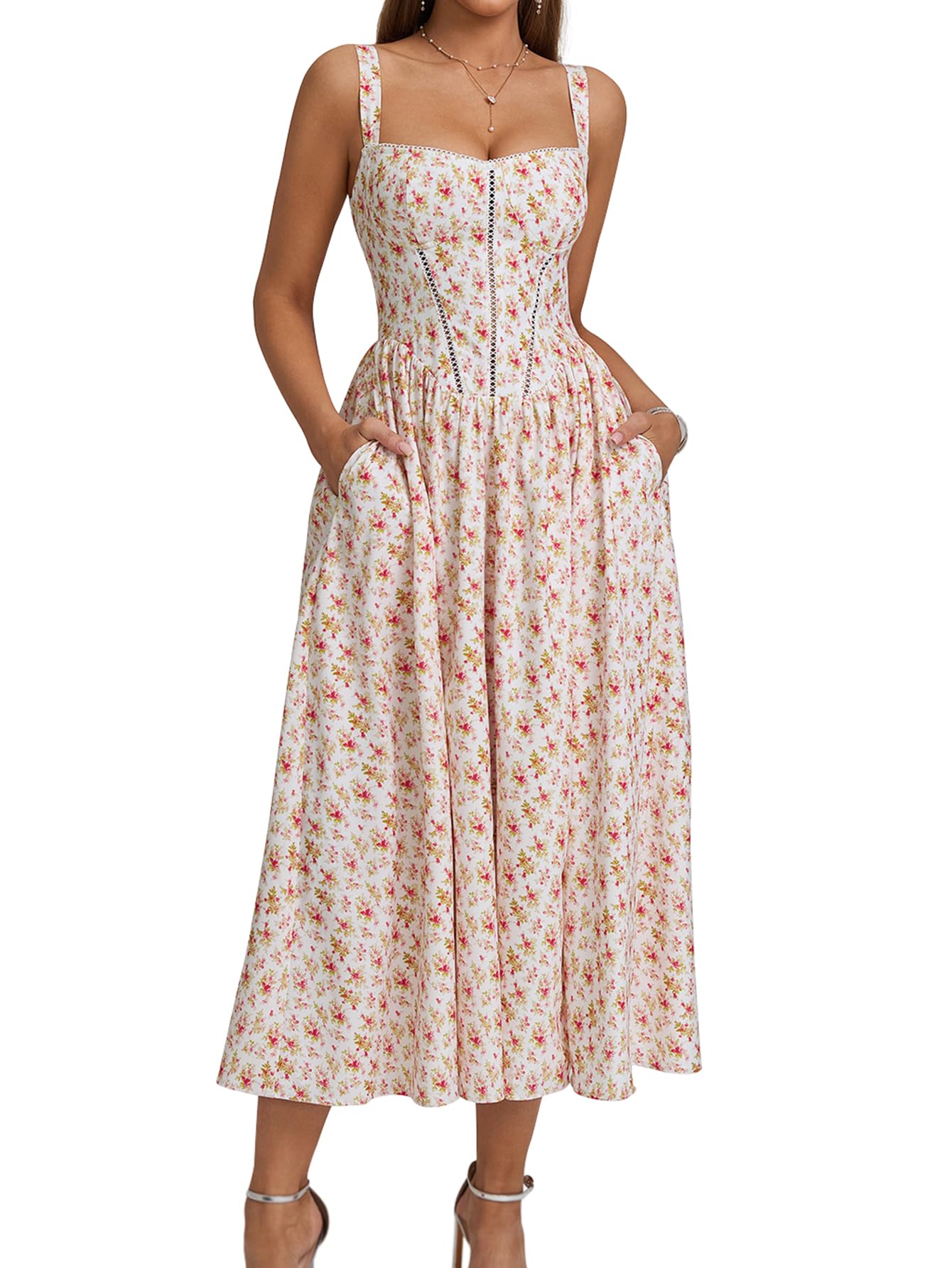Women's Floral Corset Midi Dress with Slit and Pockets