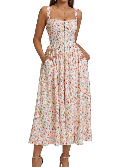 Women's Floral Corset Midi Dress with Slit and Pockets