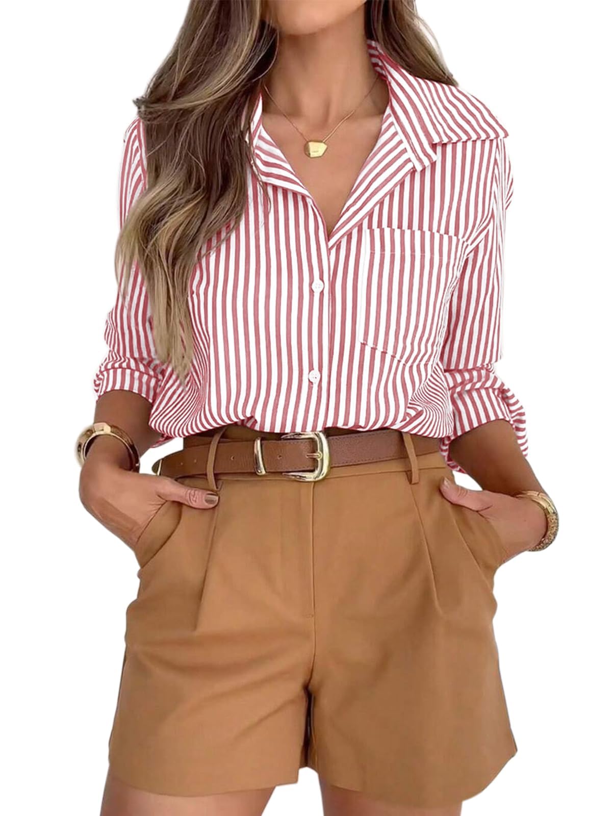 Striped Button-Down Long Sleeve Collared Work Shirt
