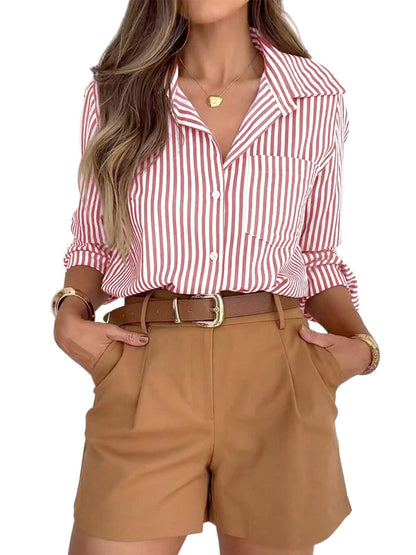 Striped Button-Down Long Sleeve Collared Work Shirt